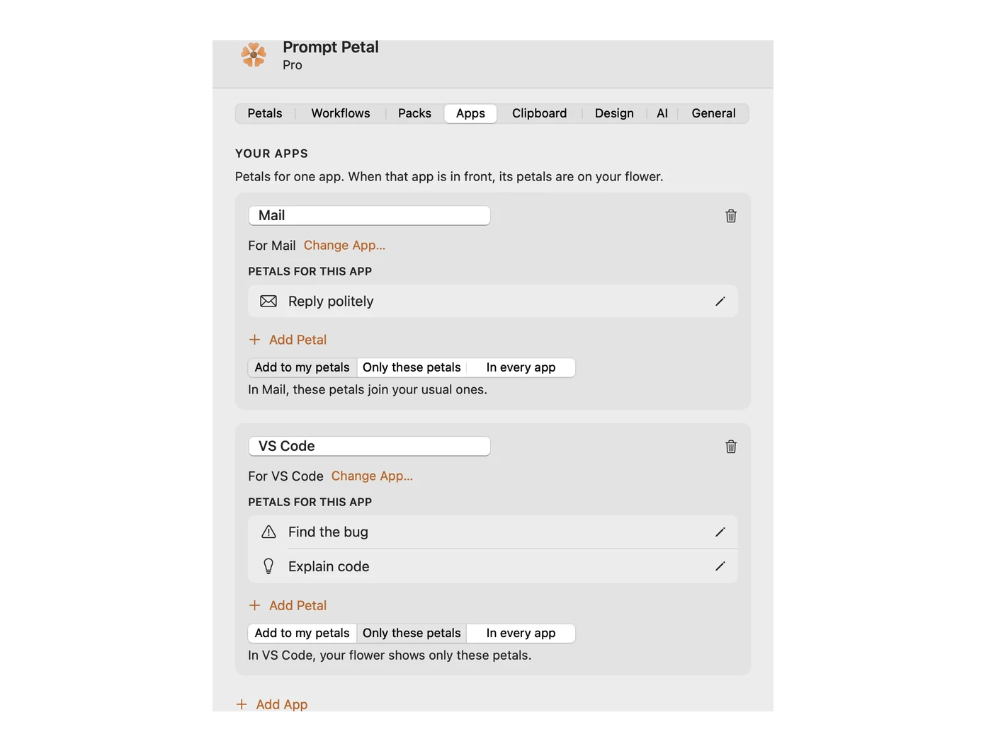 Der Tab Apps mit Petals für Mail und für VS Code