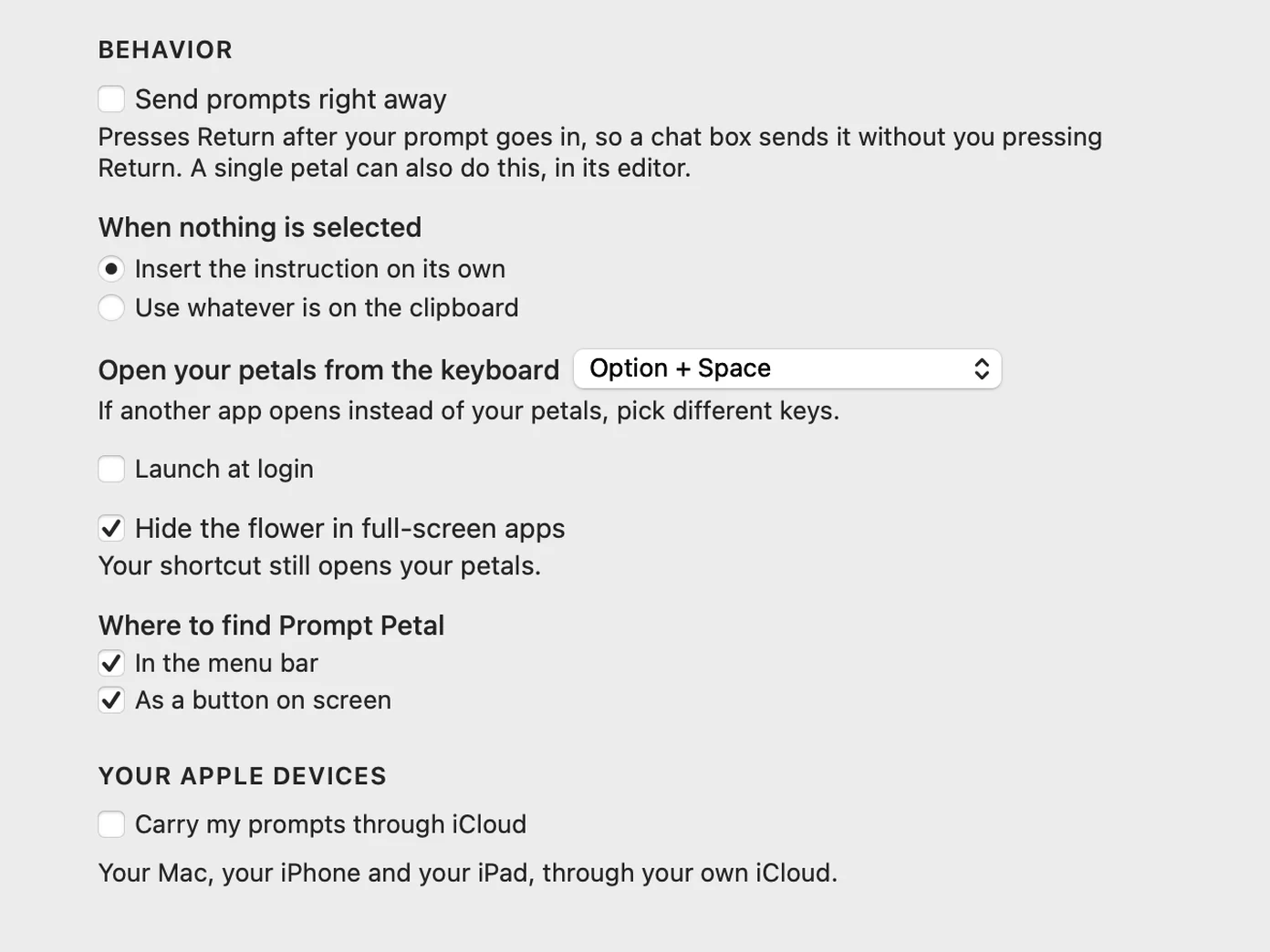 Die Einstellungen von Prompt Petal mit eingeschaltetem Blume in Vollbild-Apps ausblenden