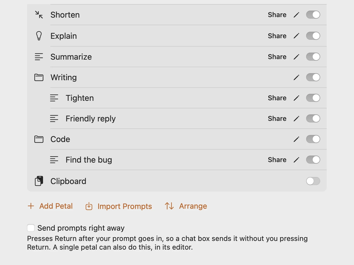 Der Tab Petals nach dem Import einer Notiz: Gruppen Schreiben und Code mit ihren Prompts