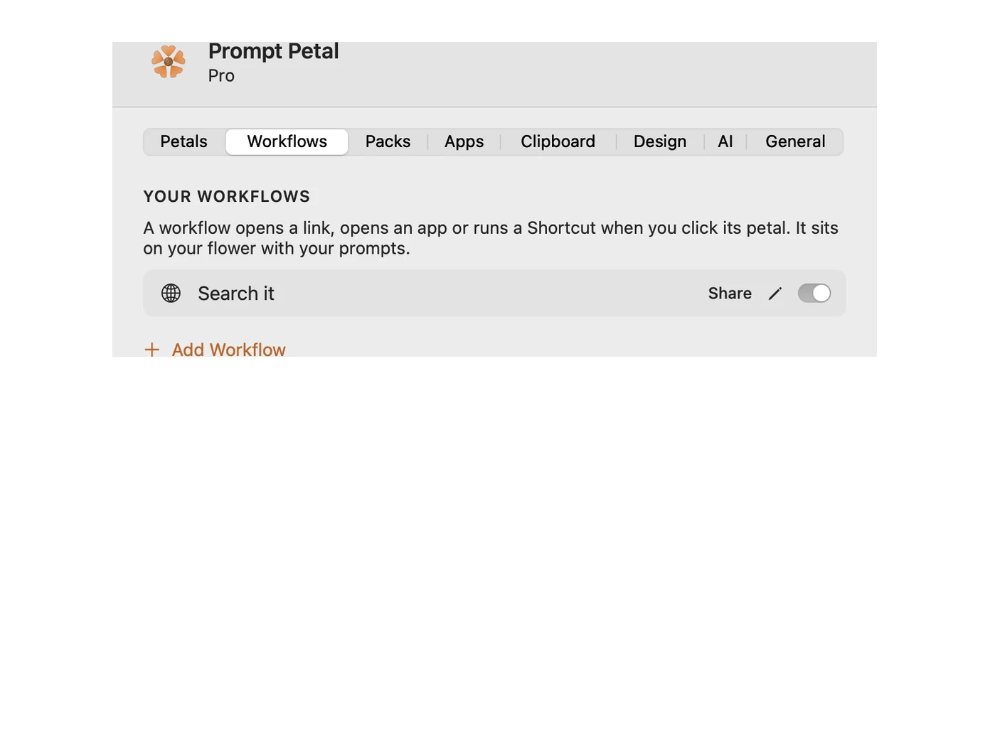Der Tab Workflows mit einem Workflow Suche es