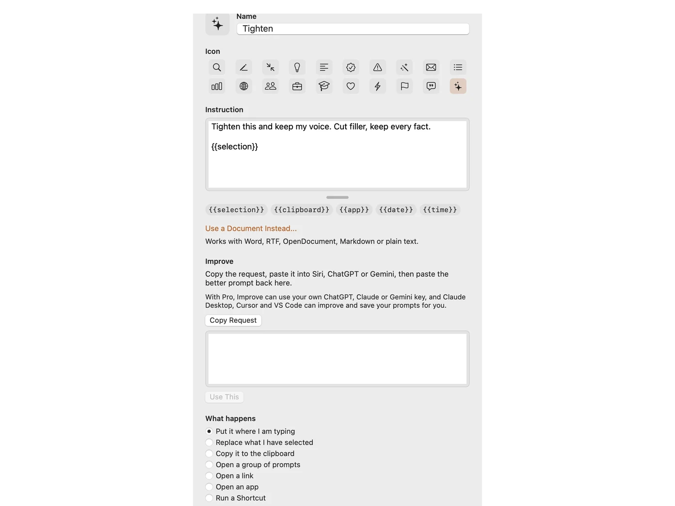 Der Editor von Prompt Petal beim Schreiben eines Petals namens Straffen